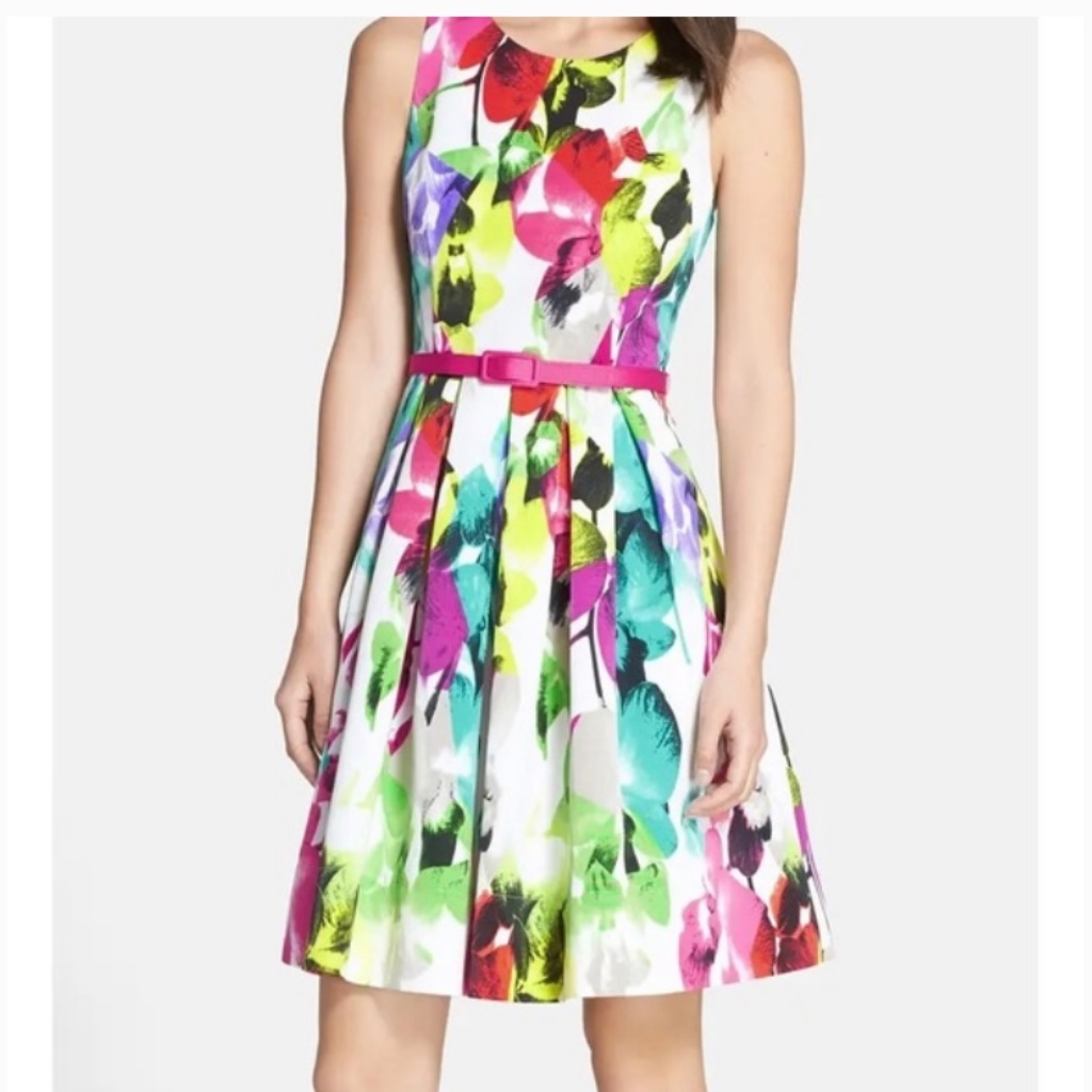 Eliza J Floral Print Fit & Flare Midi Dress Multi-Colored 6 Spring Summer Party